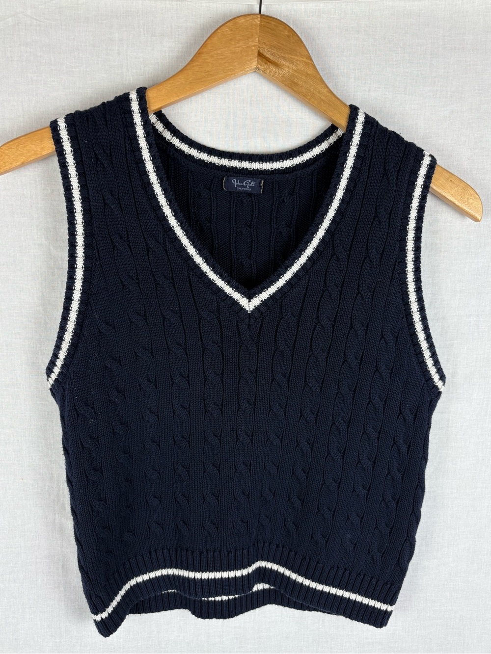 John Galt Navy Blue Cable Knit V-Neck Sweater Vest